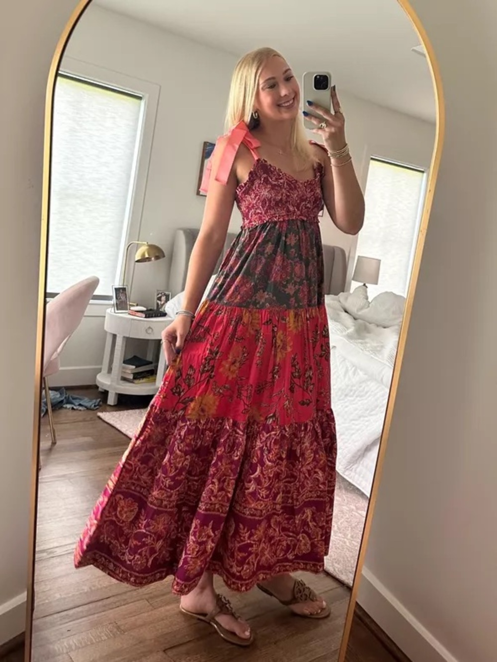 Free People Pink & Green Tiered Floral Maxi Dress with Tie Straps